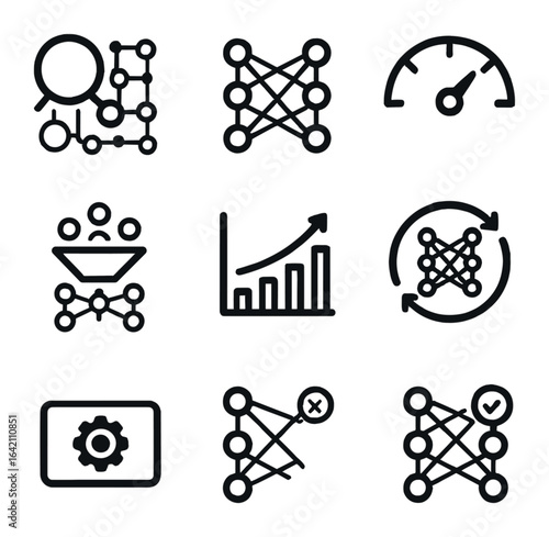 Neural Architecture Icons. Flat icon set of neural architecture search: search space, candidate model,