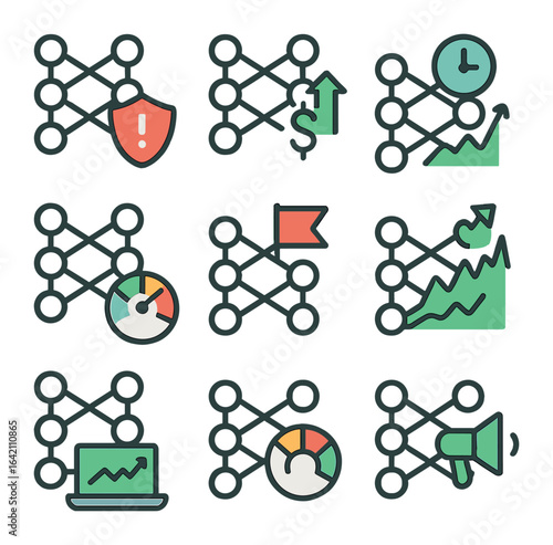 Neural Finance Icons. Flat icon set of neural networks in finance: fraud detection, stock prediction,
