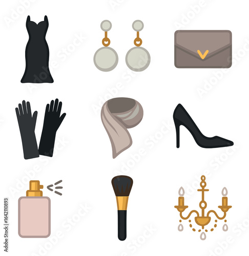Elegant Style Icons. Flat icon set of style: elegant dress, pearl earrings, clutch bag, high heels, evening