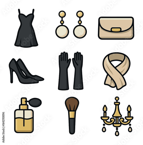 Elegant Accessories Grid. Flat icon set of style: elegant dress, pearl earrings, clutch bag, high heels,