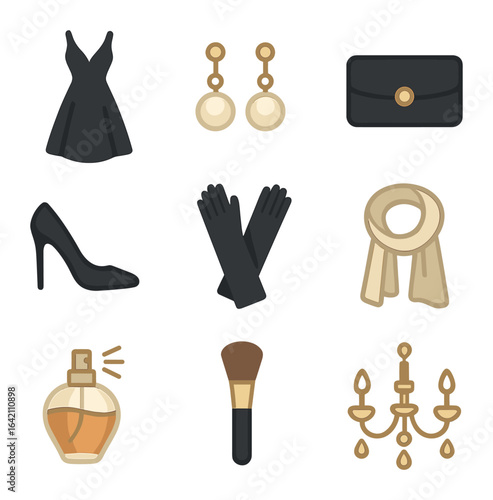 Elegant Fashion Icon Set. Flat icon set of style: elegant dress, pearl earrings, clutch bag, high heels,