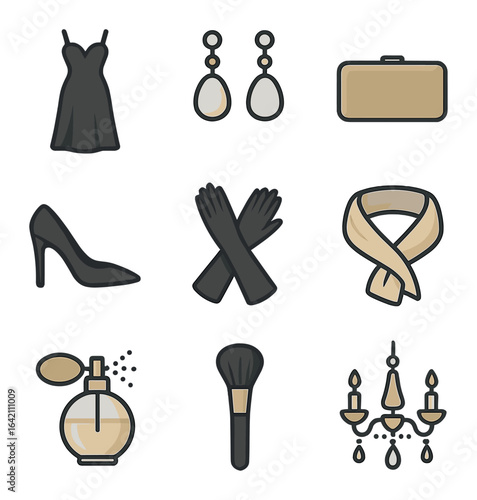 Elegant Style Icons. Flat icon set of style: elegant dress, pearl earrings, clutch bag, high heels, evening