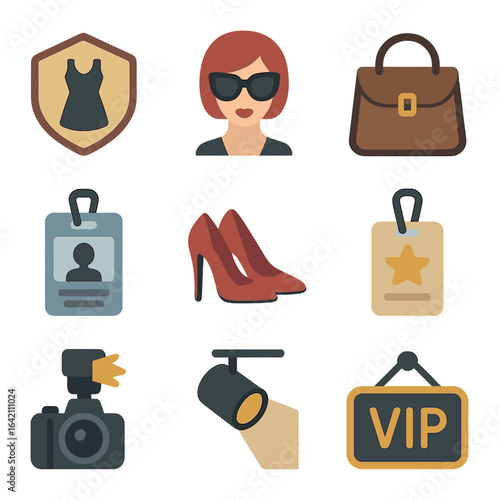 Fashion Icon Grid. Flat icon set of style: fashion week badge, style icon, designer bag, press tag, red heels,