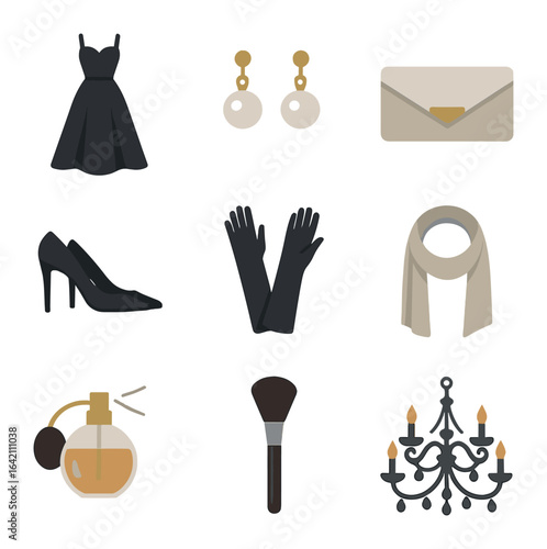 Elegant Fashion Icons. Flat icon set of style: elegant dress, pearl earrings, clutch bag, high heels, evening