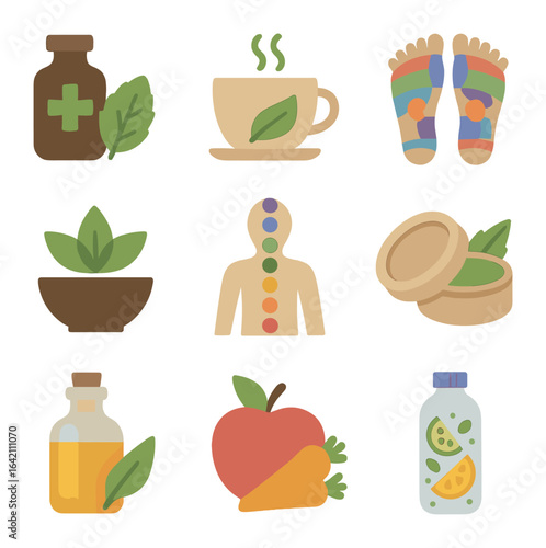 Holistic Healing Icons. Flat icon set of treatment: herbal remedy, nature tea, reflexology chart, ayurveda