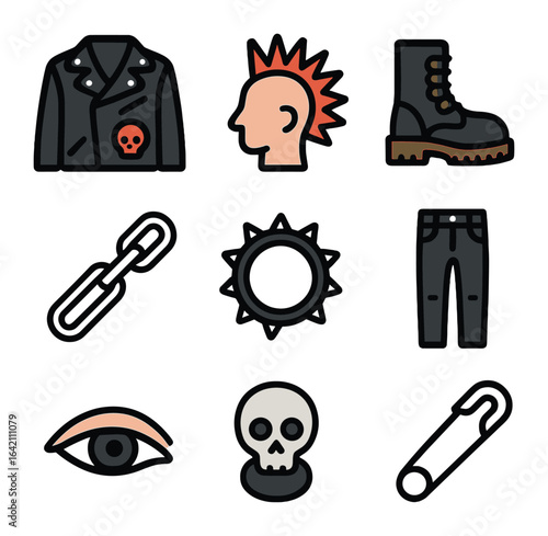 Punk Style Icons. Flat icon set of style: punk jacket, mohawk, boots, chains, spiked bracelet, leather pants,