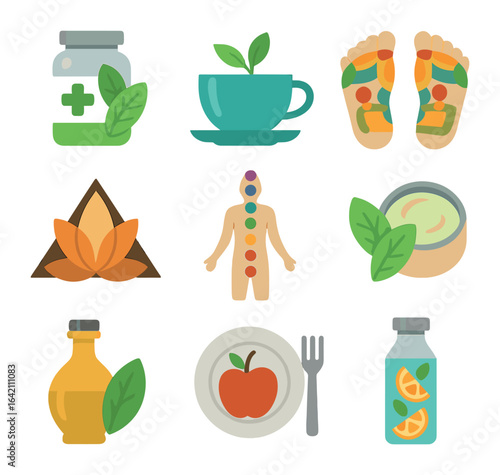 Holistic Healing Icons. Flat icon set of treatment: herbal remedy, nature tea, reflexology chart, ayurveda