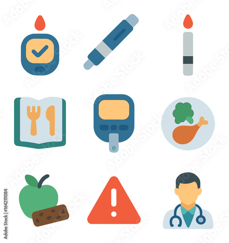Diabetes Care Icons. Flat icon set of treatment: diabetes monitor, insulin pen, sugar test strip, nutrition