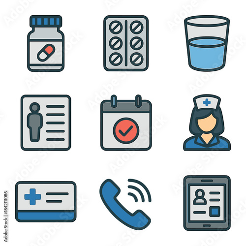 Healthcare Icon Set. Flat icon set of treatment: antibiotics, pill box, water cup, dosage chart, calendar mark