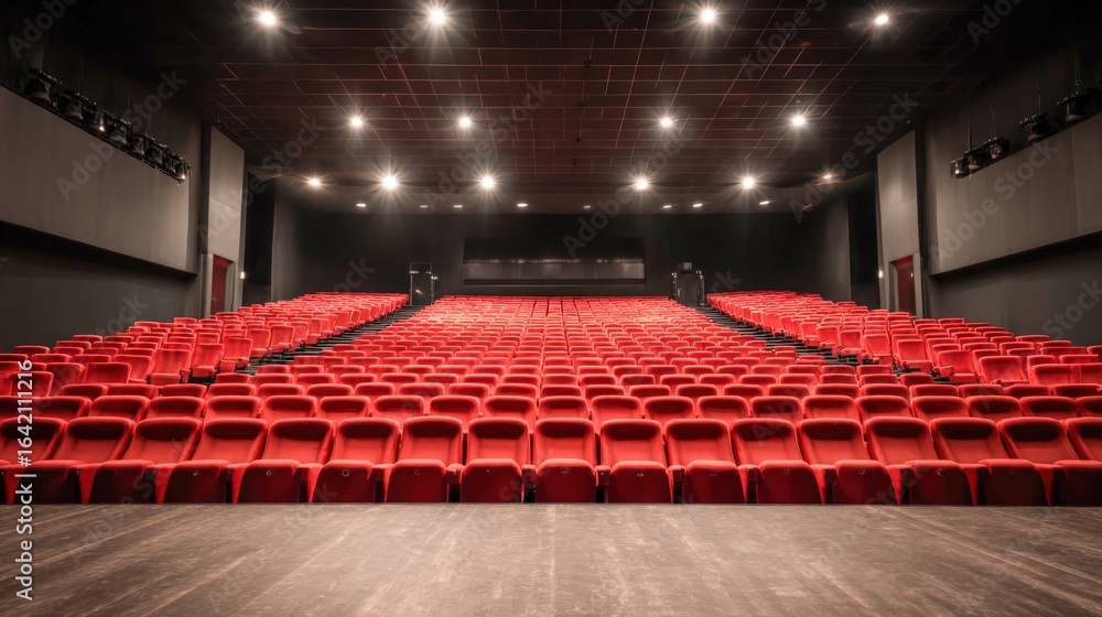 Naklejka premium Empty Theater with Red Seats and Stage Ready for Performance or Show Viewing
