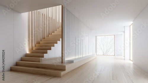 Minimalist Staircase Design with Wooden Steps in Bright Modern Home Interior Rendering