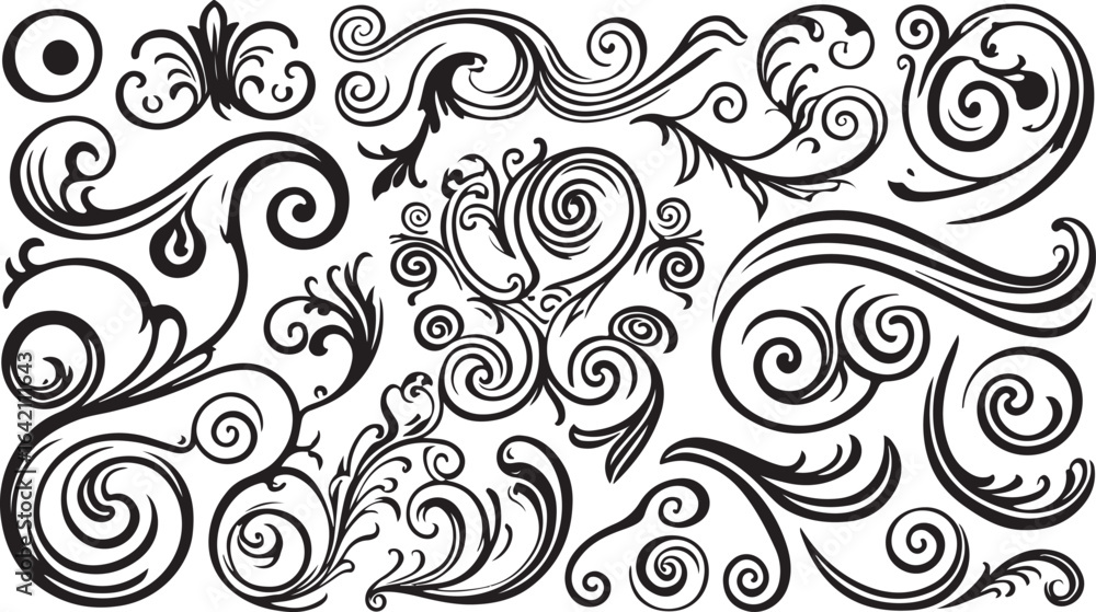 Black swirling floral decorative elements abstract antique Black swirling floral decorative elements abstract antique