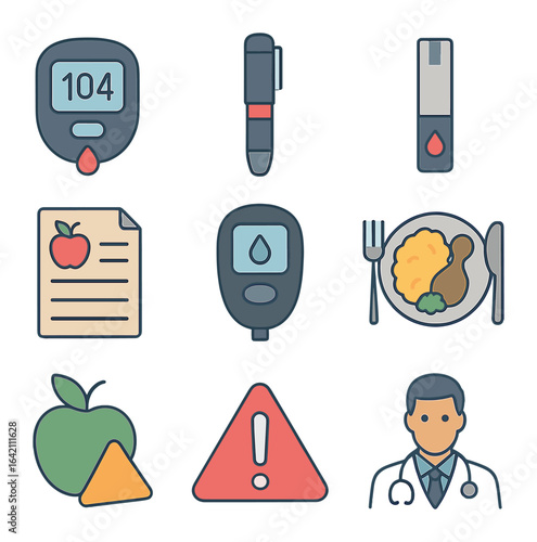 Diabetes Management Icons. Flat icon set of treatment: diabetes monitor, insulin pen, sugar test strip,