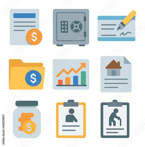 Banking Icon Grid. Flat icon set of bank: deposit form, safe vault, cheque, loan folder, financial chart, tax