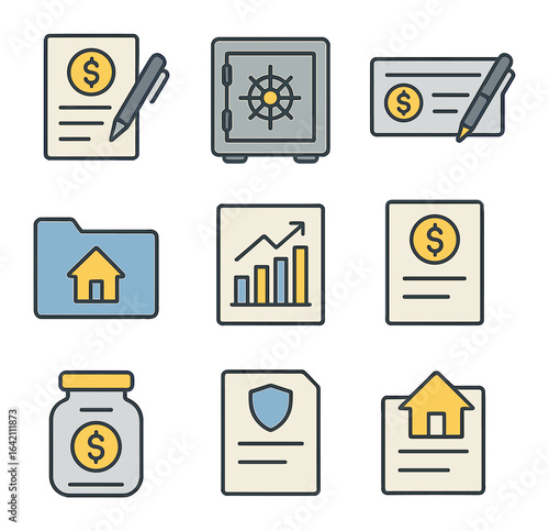 Banking Icons Set. Flat icon set of bank: deposit form, safe vault, cheque, loan folder, financial chart, tax