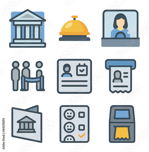 Bank Icons Collection. Flat icon set of bank: branch icon, customer service bell, teller window, waiting line,