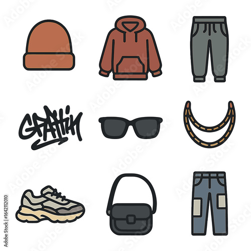 Street Style Icons. Flat icon set of street style: beanie, oversized hoodie, joggers, chunky sneakers,