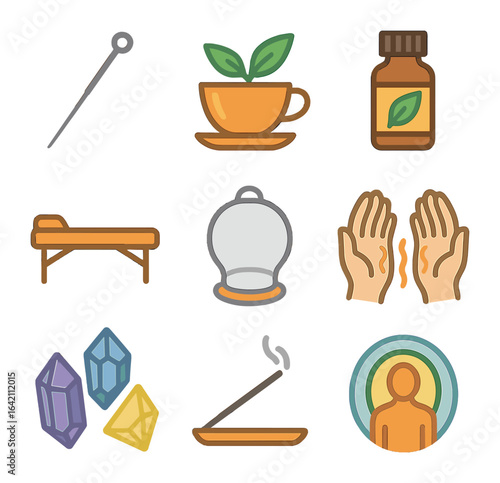 Alternative Treatment Icons. Flat icon set of alternative treatment: acupuncture needle, herbal tea, essential