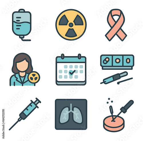 Cancer Treatment Icons. Flat icon set of cancer treatment: chemotherapy bag, radiation icon, awareness ribbon,