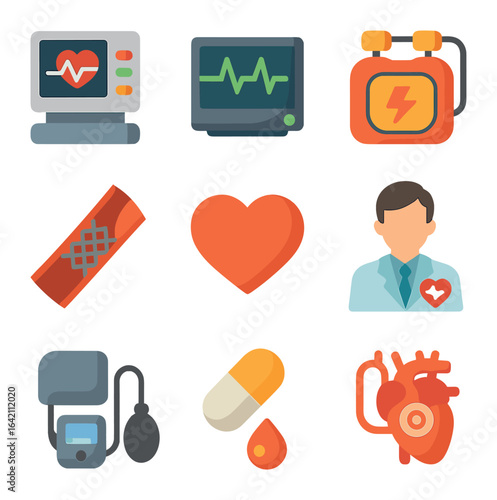 Heart Treatment Icons. Flat icon set of heart treatment: ECG machine, heart monitor, defibrillator, stent,