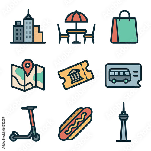City Break Icons. Flat icon set of city break: city skyline, cafe table, shopping bag, street map, museum