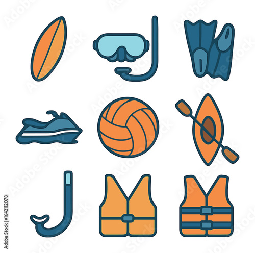 Water Sports Icons. Flat icon set of water sports: surfboard, diving mask, swim fins, jet ski, water polo ball