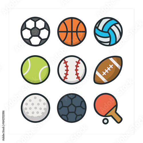Sports Balls Icons. Flat icon set of ball sports: soccer ball, basketball, volleyball, tennis ball, baseball,