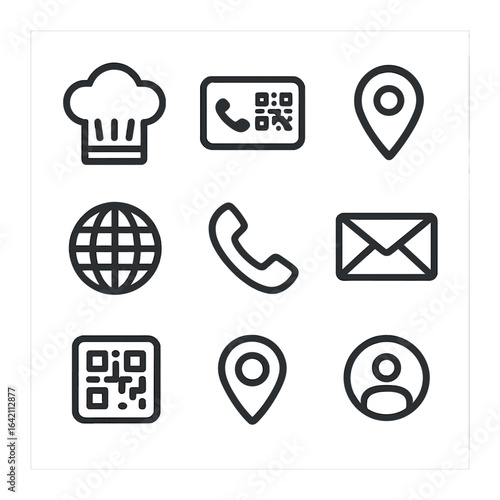 Food Business Icons. Flat icon set of food business card mockups: chef hat icon, restaurant name, contact