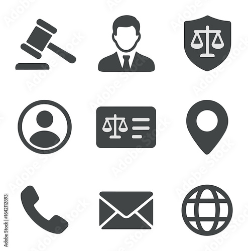 Legal Icon Grid. Flat icon set of legal card mockups: gavel icon, attorney name, contact icons, firm logo,
