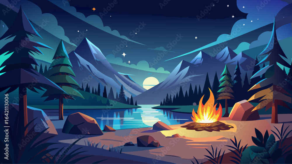 Fototapeta premium Beside the dark lake, a lonely campfire glows under the starry night, with mountains and trees in silhouette, capturing serene beauty in a semi-realistic vector wilderness scene.