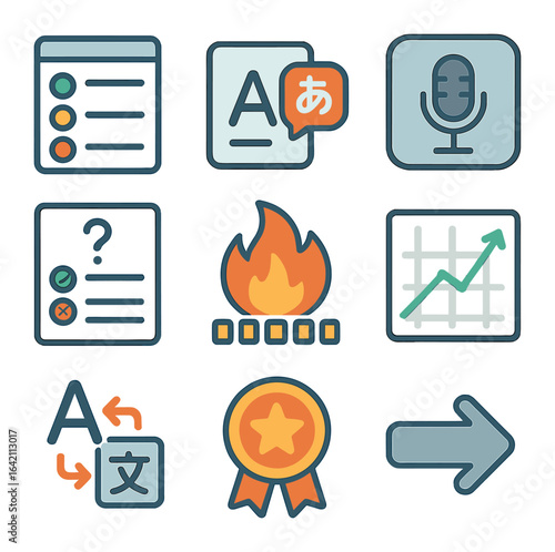 Language Learning Icons. Flat icon set of language learning screens: vocabulary list, flashcard icon,