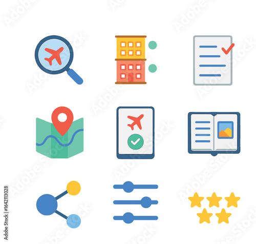 Travel App Icon Set. Flat icon set of travel app screens: flight search, hotel list, itinerary icon, map view,