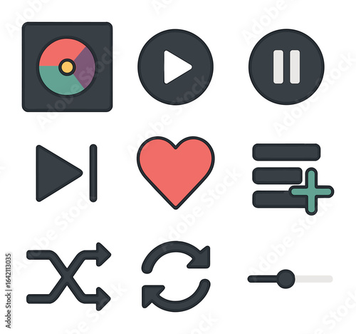 Music Streaming Icons. Flat icon set of music streaming screens: album cover, play button, pause button, skip