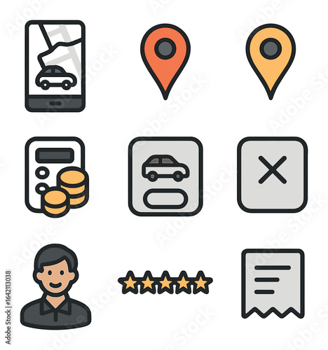 Ride-Hailing Icon Set. Flat icon set of ride-hailing screens: car on map, pickup pin, drop-off pin, fare
