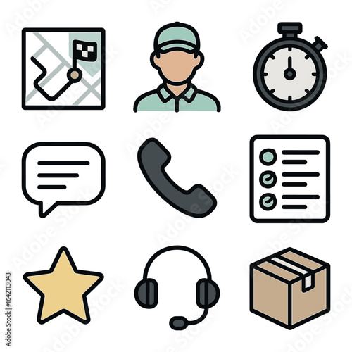 Delivery App Icon Set. Flat icon set of delivery app screens: map route, driver icon, ETA timer, parcel icon,