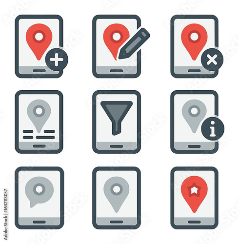 Map Marker Icons. Flat icon set of map marker screens: add marker, edit pin, delete pin, marker list, filter