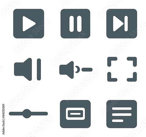 Media Player Icon Set. Flat icon set of media player screens: play button, pause icon, skip forward, skip