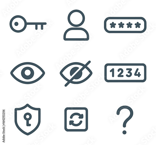 Authentication Icons Set. Flat icon set of authentication UI: login key, signup user icon, password field, eye