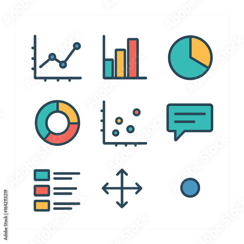 Data Visualization Icons. Flat icon set of data visualization UI: line chart, bar chart, pie segment, donut