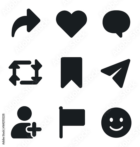 Social Media Icons Grid. Flat icon set of social share UI: share arrow, like heart, comment bubble, retweet