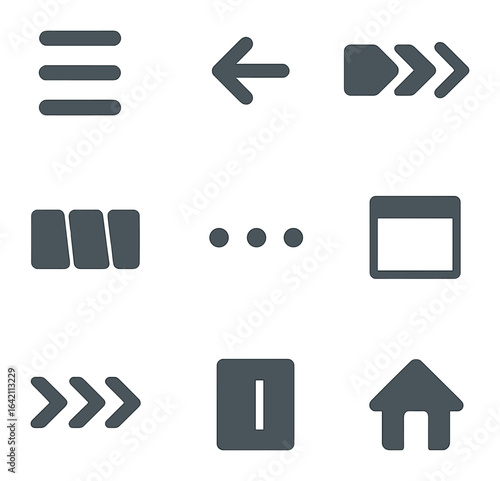 Navigation UI Icon Set. Flat icon set of navigation UI: hamburger menu, back arrow, breadcrumb trail, tabs bar