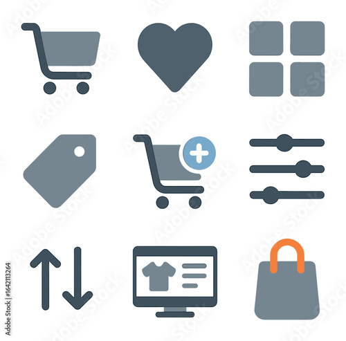 Ecommerce Icon Set. Flat icon set of ecommerce UI: shopping cart, wishlist heart, product grid, price tag, add