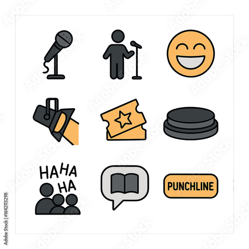 Stand-Up Comedy Icons. Flat icon set of stand-up comedy posters: mic stand, comedian silhouette, laughter icon