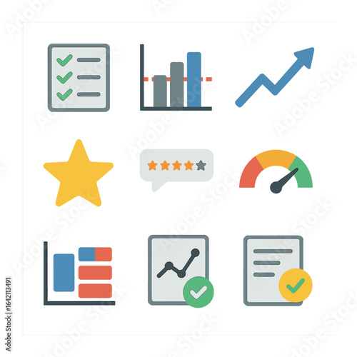 Performance Icons Grid. Flat icon set of performance slide visuals: scorecard icon, benchmark graph, trend