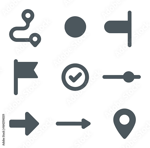 Roadmap Icon Grid. Flat icon set of roadmap slide visuals: roadmap path, milestone icon, phase label, timeline