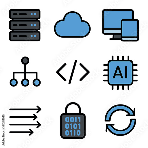 Technology Icon Set. Flat icon set of technology slide assets: server icon, cloud icon, device icon, network