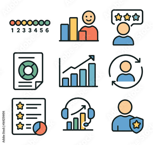 Customer Metrics Icons. Flat icon set of customer report visuals: NPS score, satisfaction chart, customer