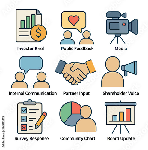Stakeholder Engagement Icons. Flat icon set of stakeholder engagement: investor brief, public feedback, media