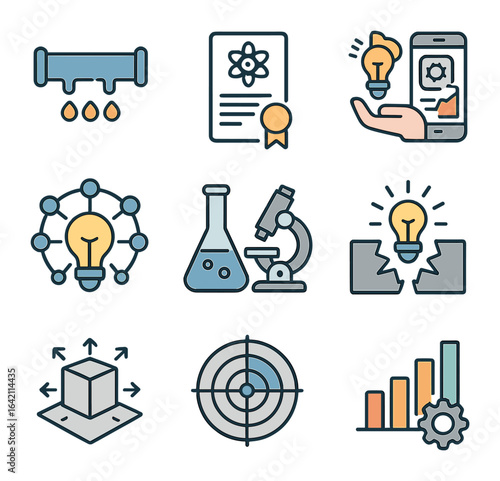 Innovation Icon Grid. Flat icon set of innovation report visuals: R\&D pipeline, new patent, product testing,