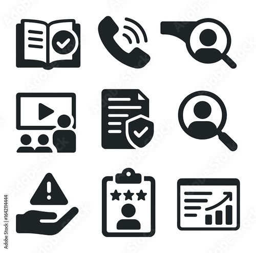 Corporate Ethics Icons. Flat icon set of corporate ethics data: code of conduct, ethics hotline, whistleblower